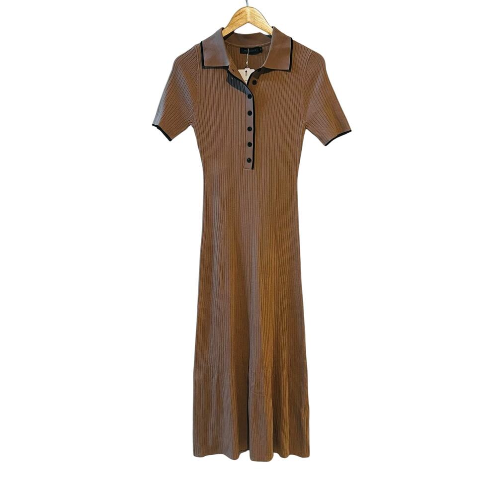 Merokeety Ribbed Polo Sweater Midi Dress Size M Medium NWT Brown - Picture 2 of 7